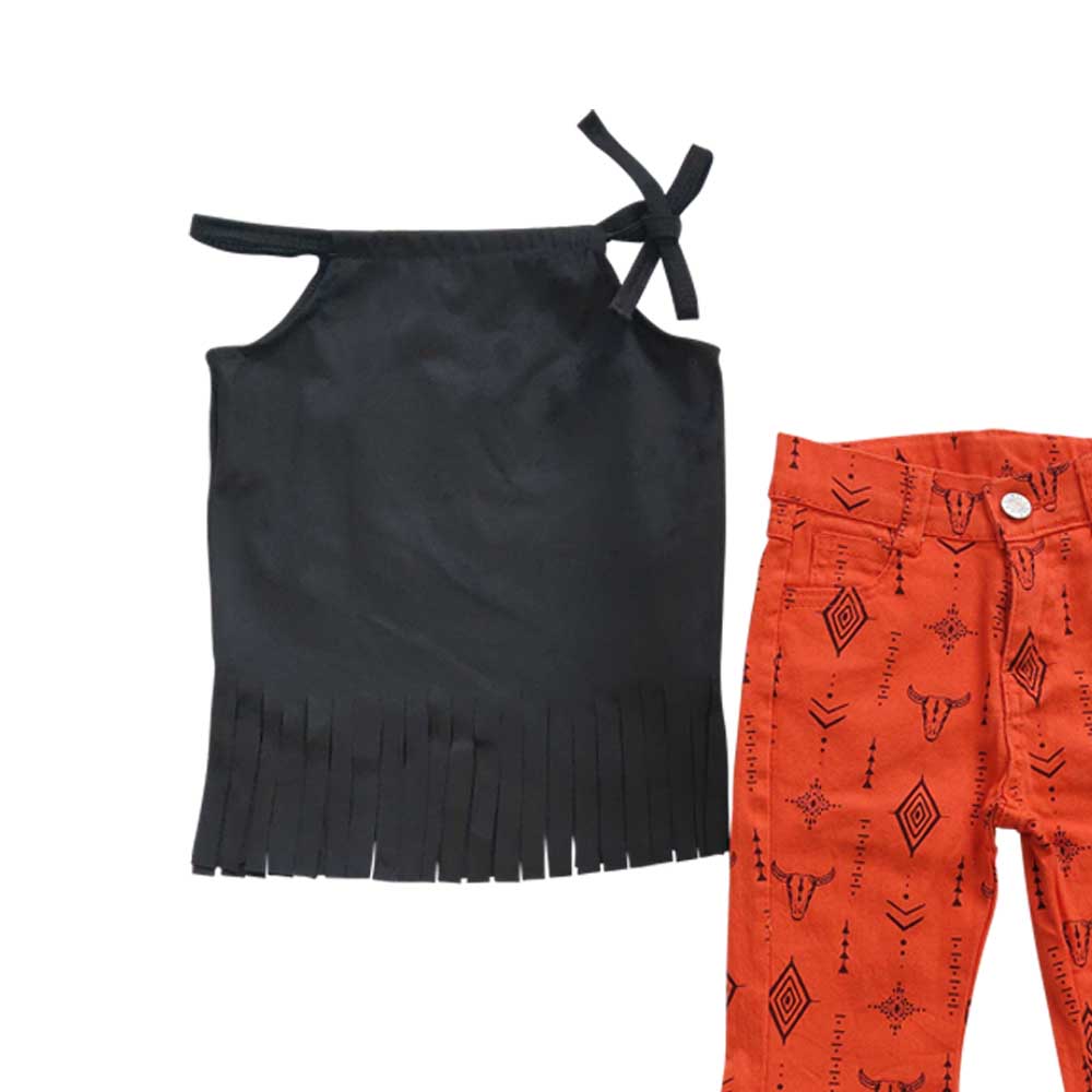 GSPO0561 Black Tassels Summer Top Match Orange Denim Jeans Baby Girls Set