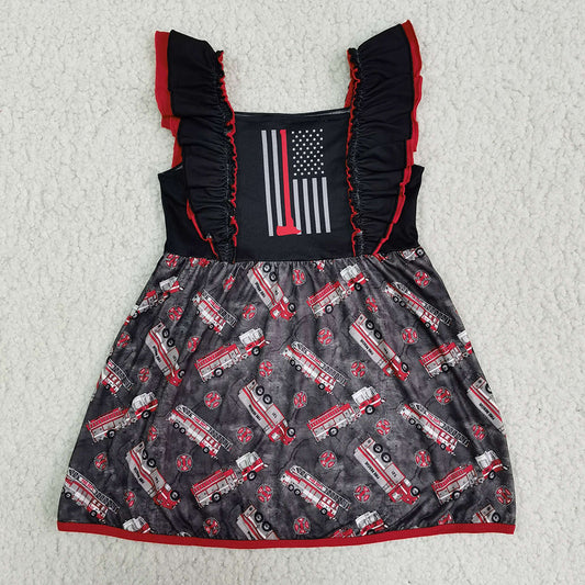 Fire Fighting Truck Black And Red Girls Dress