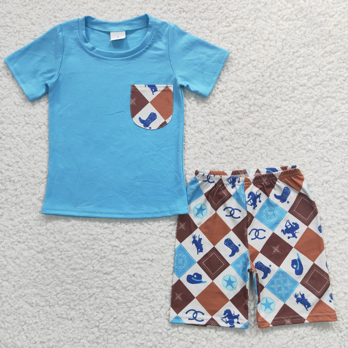 BSSO0150 Blue Short Sleeve Western Pocket Boys Short Outfits