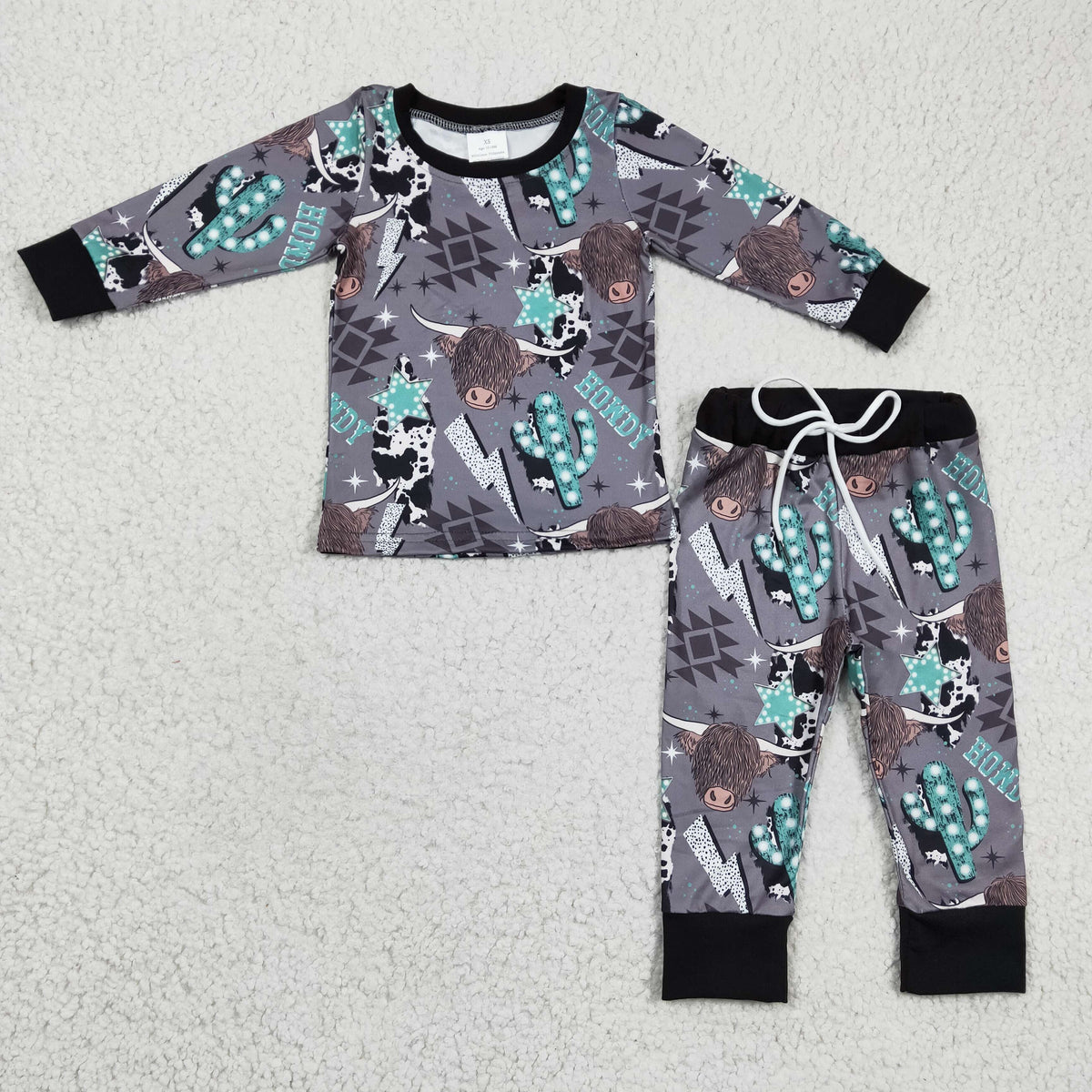 BLP0154 Western Aztec Highland Cow Cactus Long Sleeve Pants Boys Pajamas