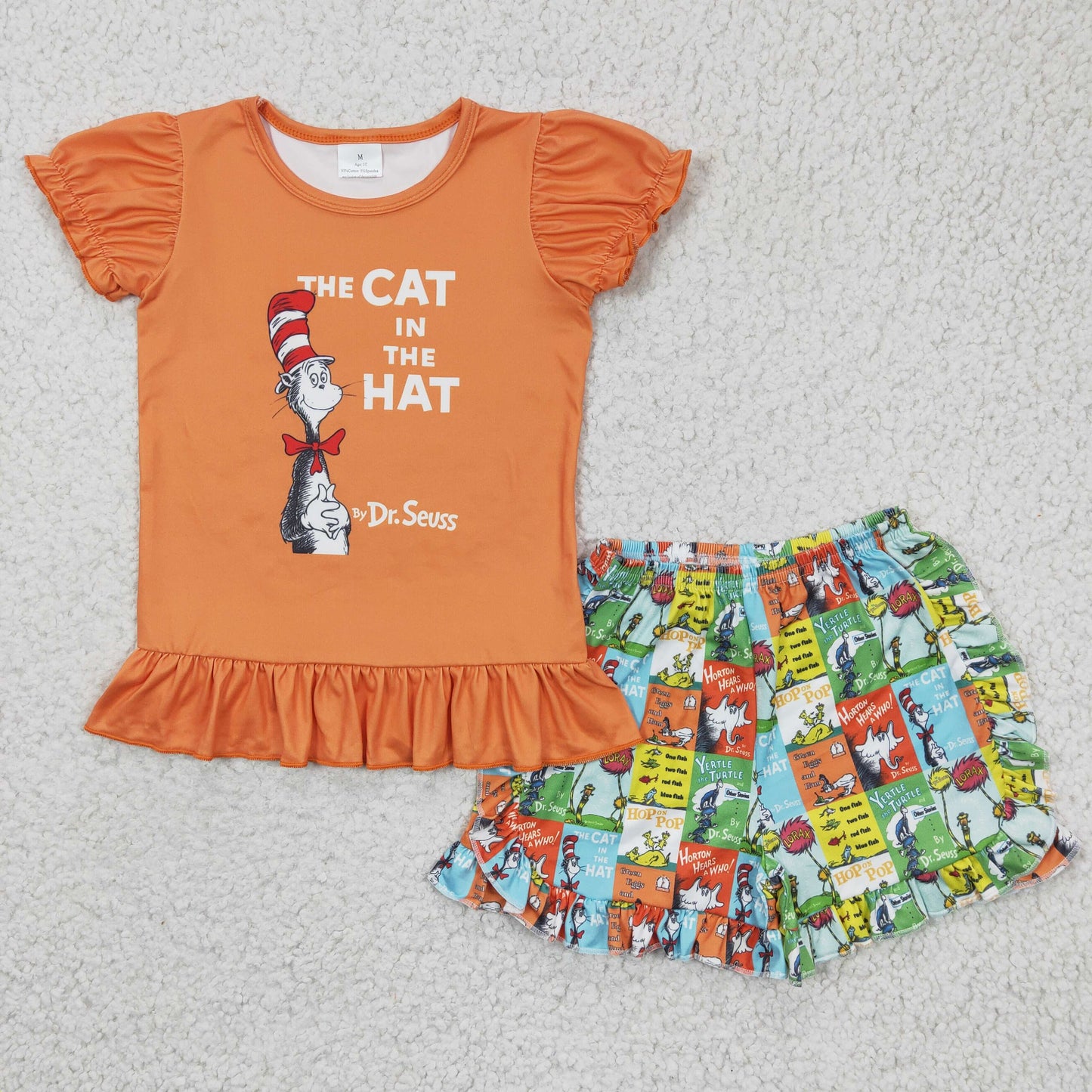 A6-16 Orange Cartoon Cat Baby Girls Summer Set