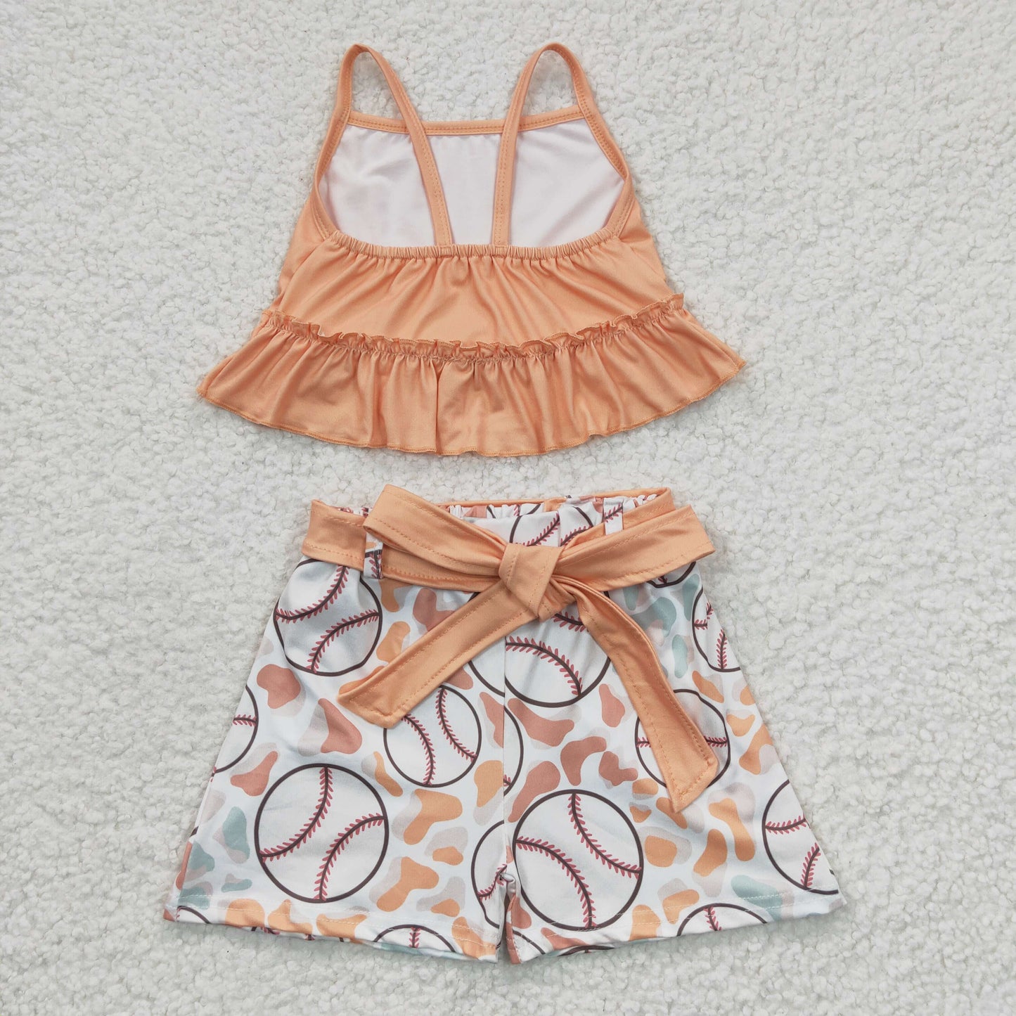 GSSO0172 Orange Summer Sleeveless Baseball Girls Shorts Set
