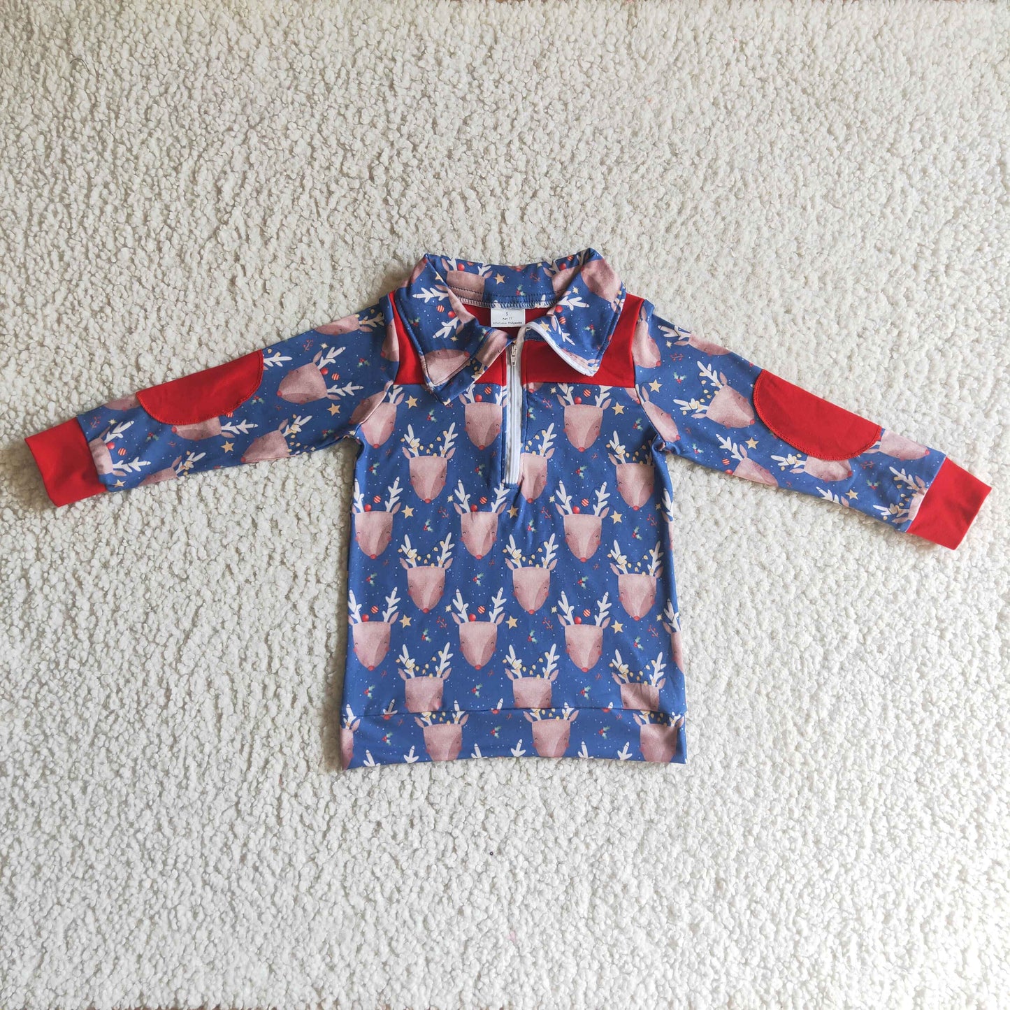 BT0071 Christmas Deer Blue & Red Pullover zipper boys pullover