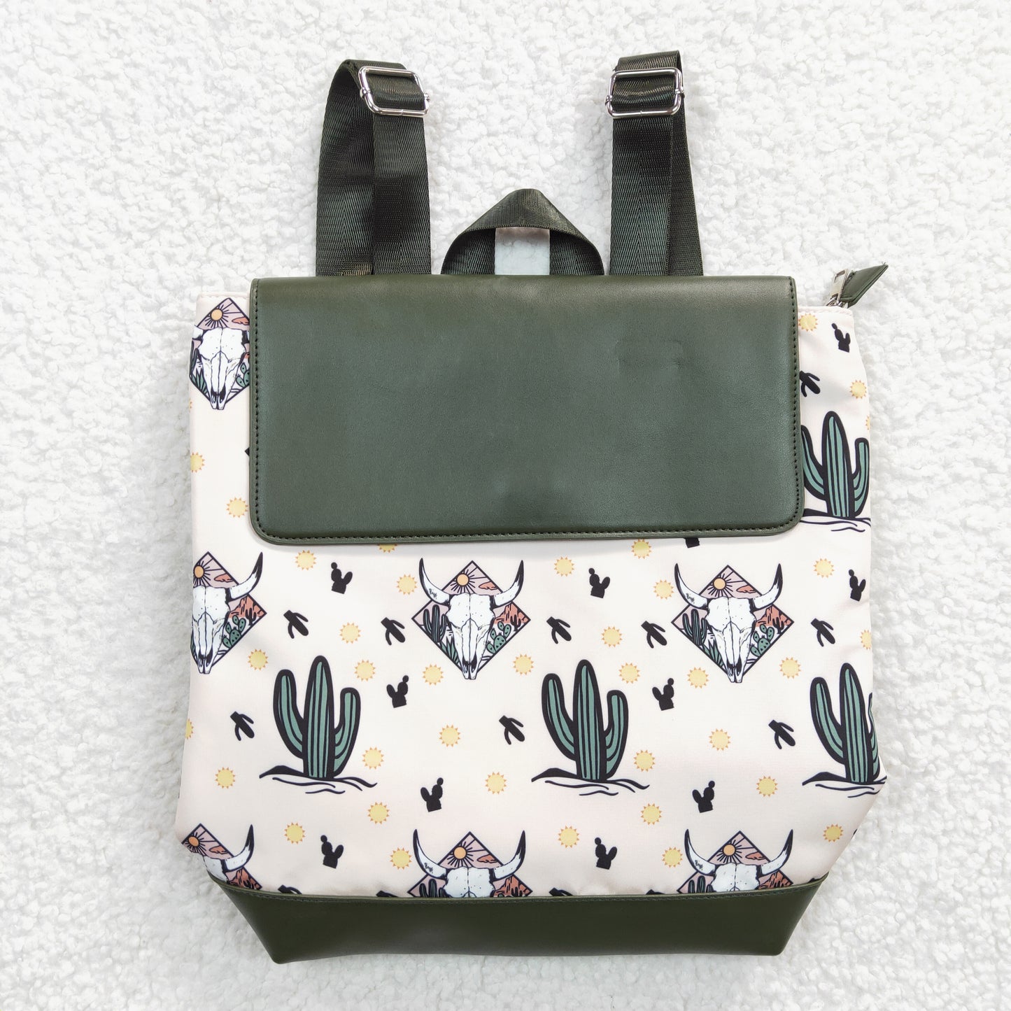 BA0050 Green Cow Skull Western Cactus Kids Bag