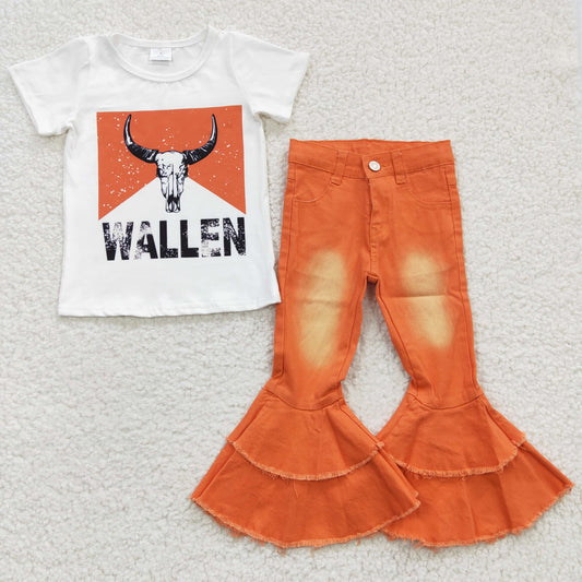 GSPO0546 Western Short Sleeve Orange Denim Jeans Baby Girls Outfits