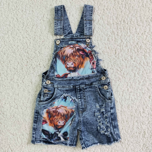 SS0023 Highland Cow Baby Girls Denim Overalls