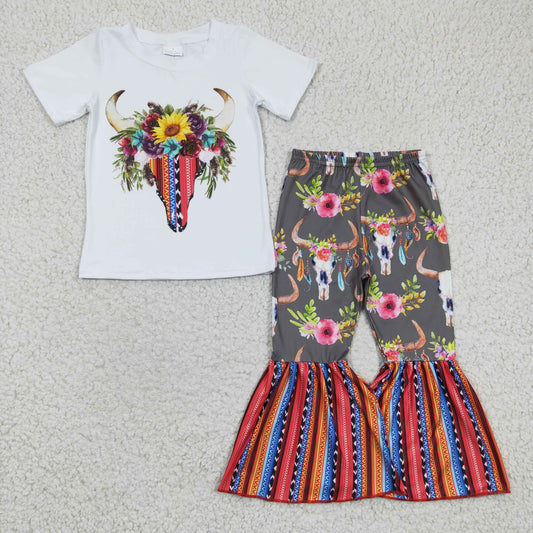 D3-15 Cow Skull Short Sleeve Flower Striped Print Bell Pants Girls Set