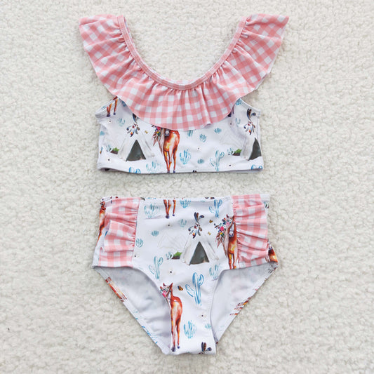 S0117 Western Horse Pink Plaid Print Bathing Suits Swimsuits