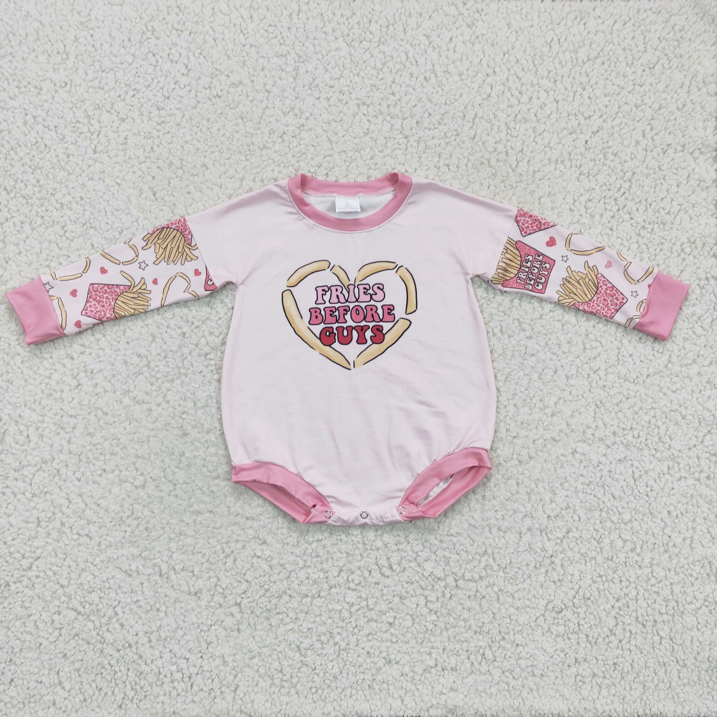 LR0231 Fries Before Guys Pink Valentine Bummies Romper