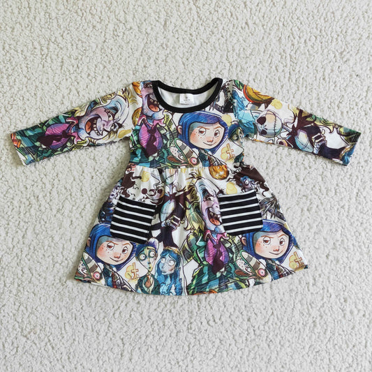 GLD0047 Cartoon Pockets Long Sleeve Girls Dress