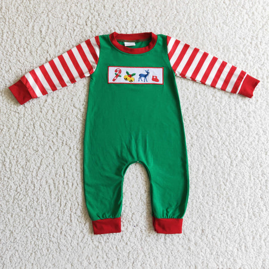 LR0110 Christmas Green Striped Print Deer Boys Romper
