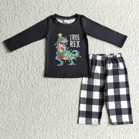 BLP0106 Christmas Tree Rex Dino Boys Plaid Print Outfits