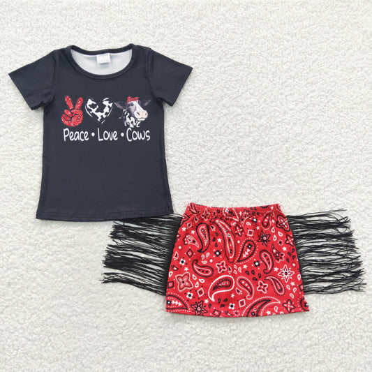 GSD0302 Black Short Sleeve Cows Red Tassels Skirt Baby Girls Set