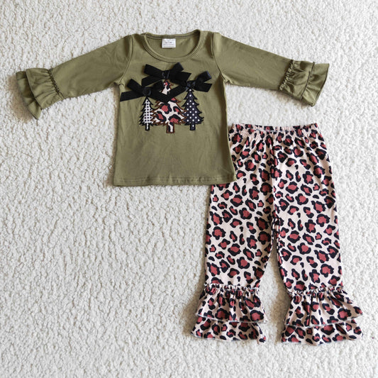 GLP0231 Green Christmas Tree Leopard Print Girls Outfits