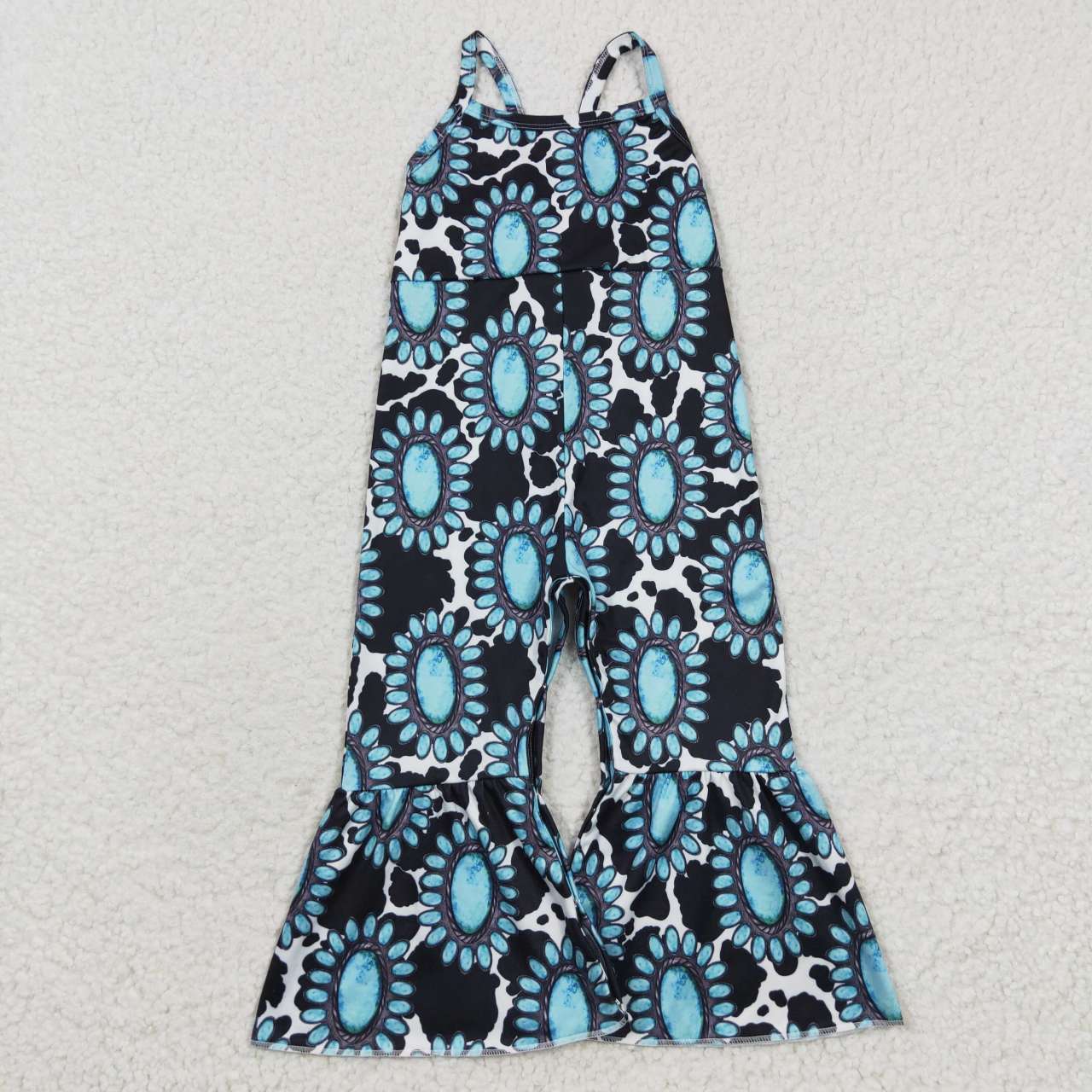 SR0369 Aztec Turquoise Cow Print Baby Girls Jumpsuits