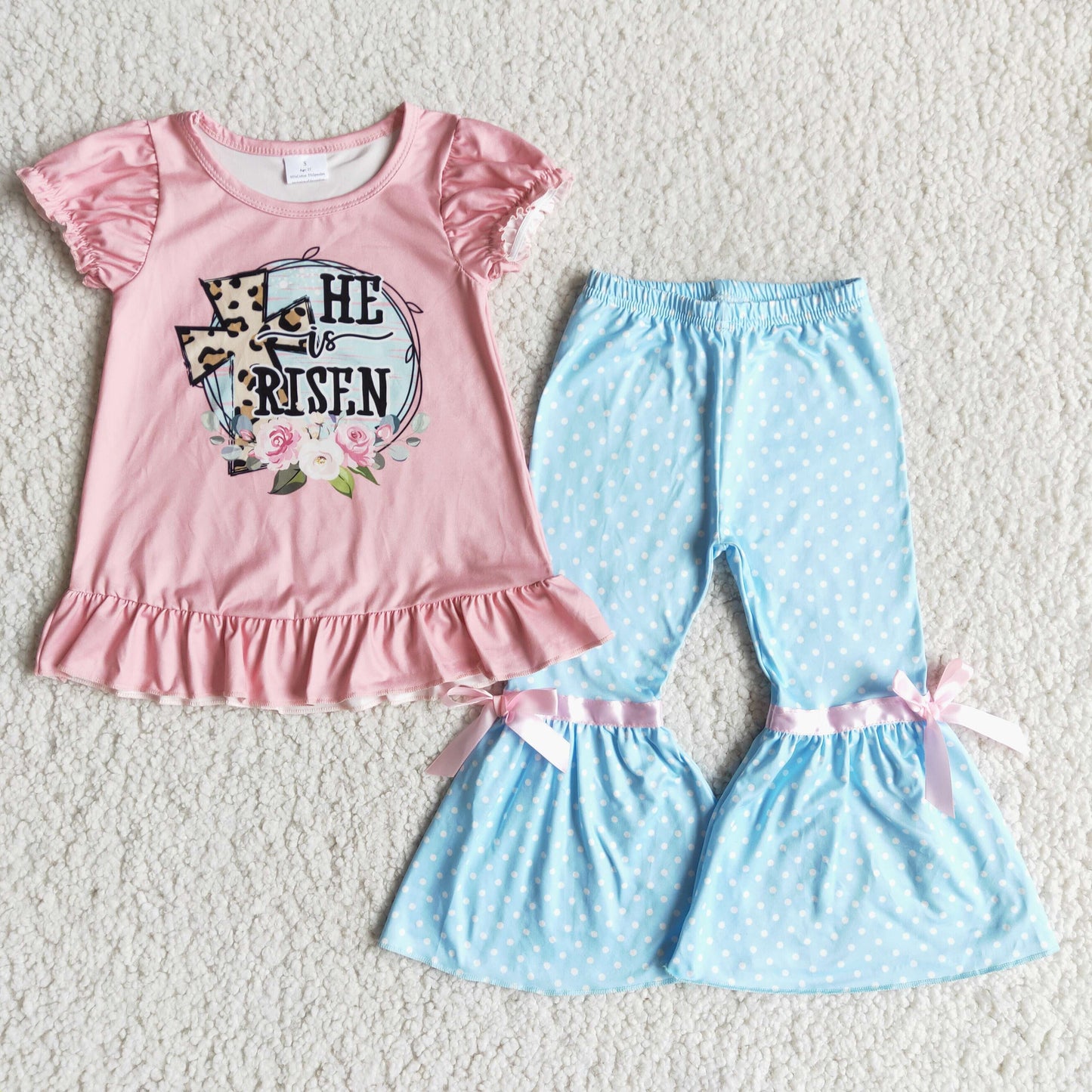 B5-25 He is Risen Pink Top Match Blue Dots Girls Outfits