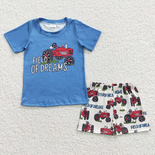 BSSO0190 Blue Short Sleeve Field Of Dreams Truck Boys Summer Set