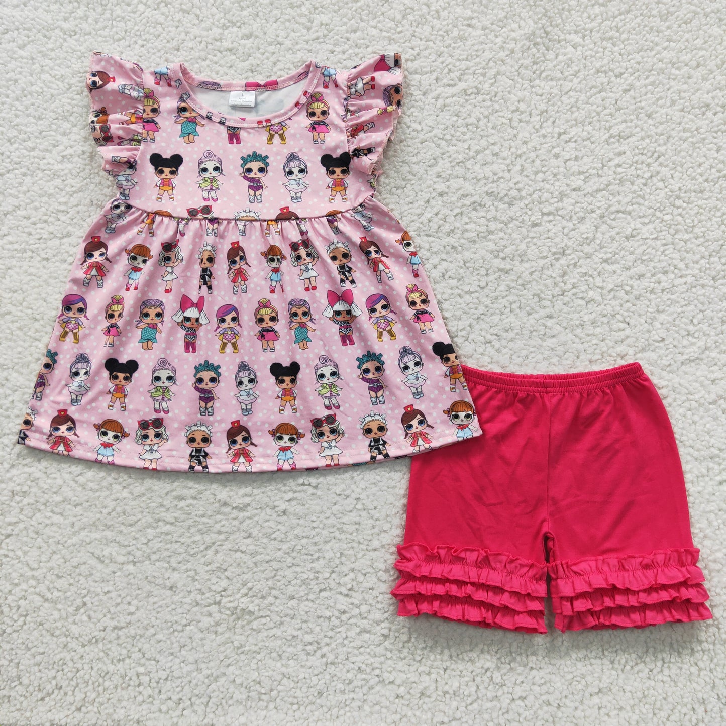 C5-14 Cartoon Hot Pink Flutter Sleeve Girls Outfits