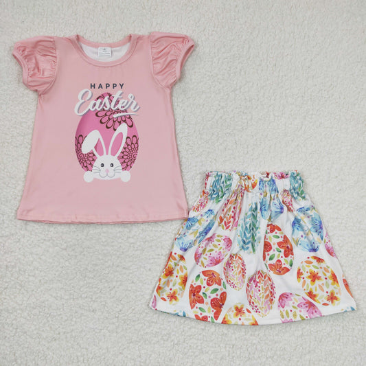 GSSO0167 Pink Easter Bunny Short Sleeve Eggs Print Skirt Girls Set