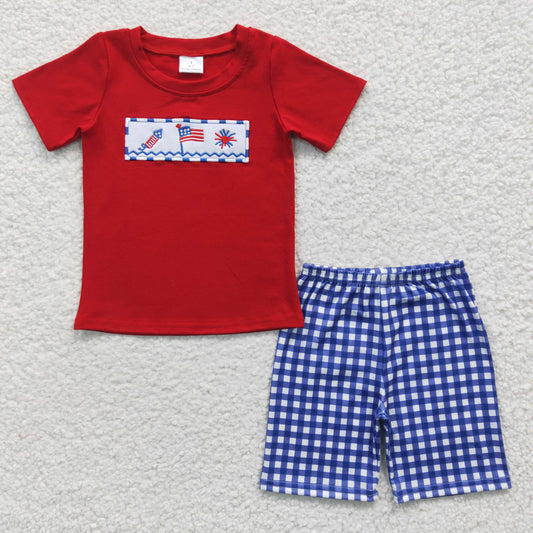 BSSO0176 4th Of July Red Embroidery Short Sleeve Boys Set