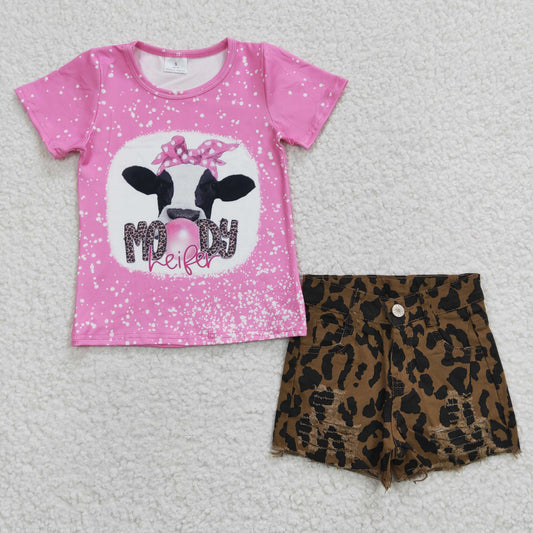 GSSO0255 Pink Moody Heifer Cow Leopard Print Denim Shorts Jeans Girls Set