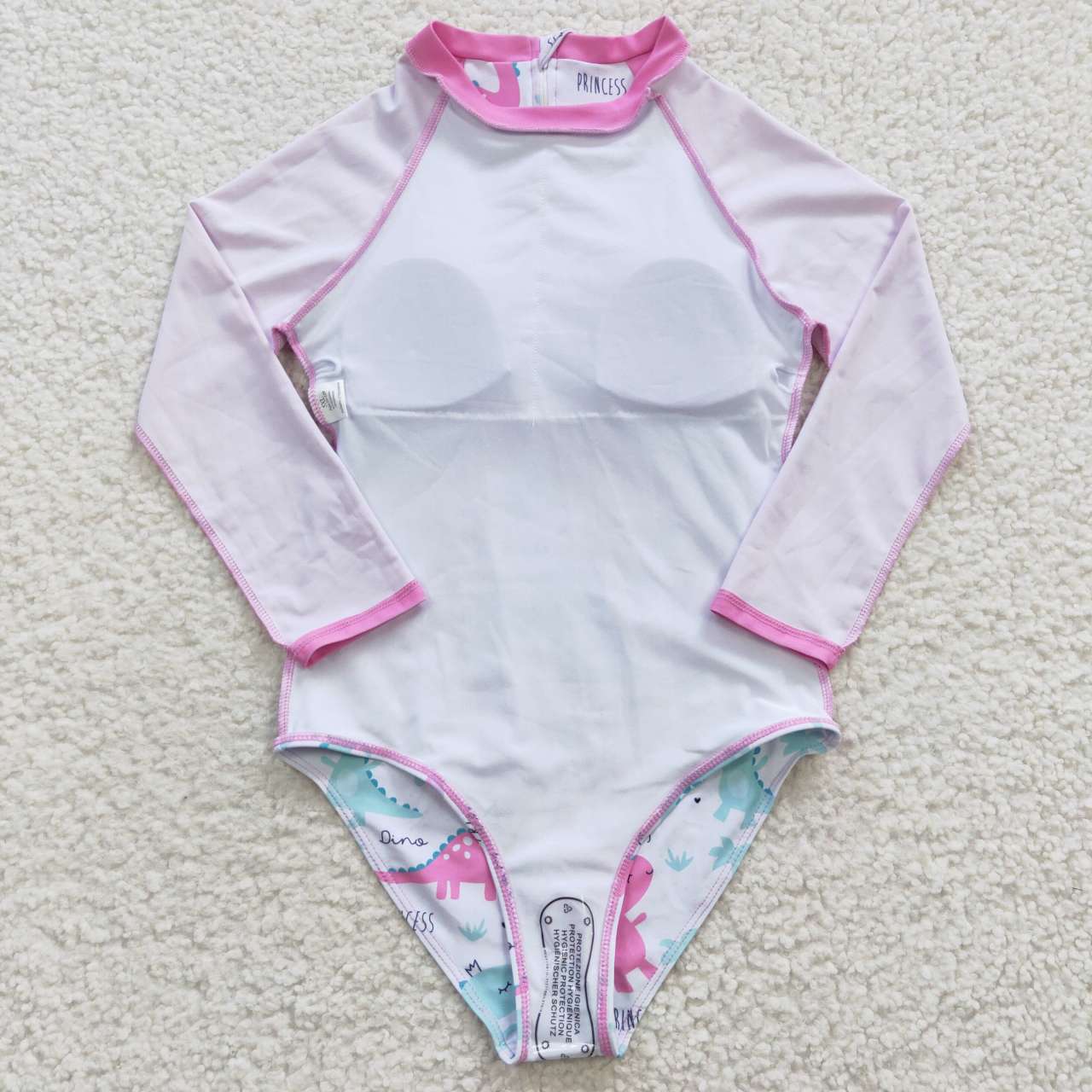 S0076 Pink Dinosaur Girls Long Sleeve Bathing Suits Swimsuits