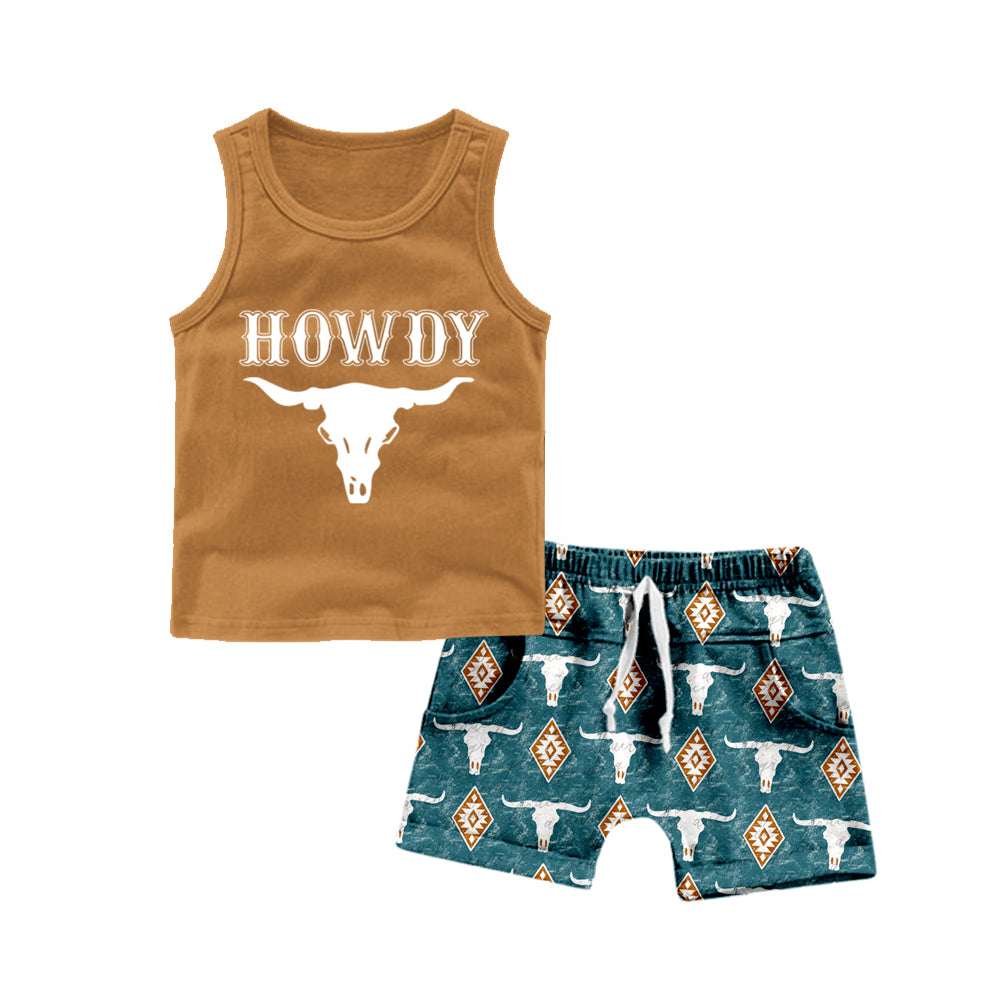 BSSO0207 Howdy Western Cow Skull Sleeveless Boys Summer Set