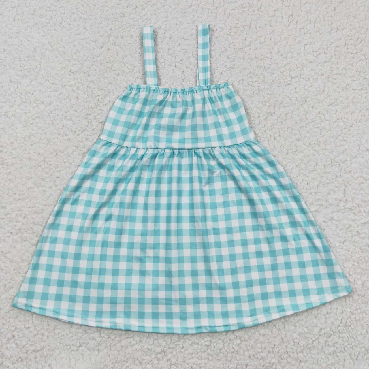 GSDO0269 Cow & Pig Farm Blue Plaid Print Sleeveless Embroidery Dress