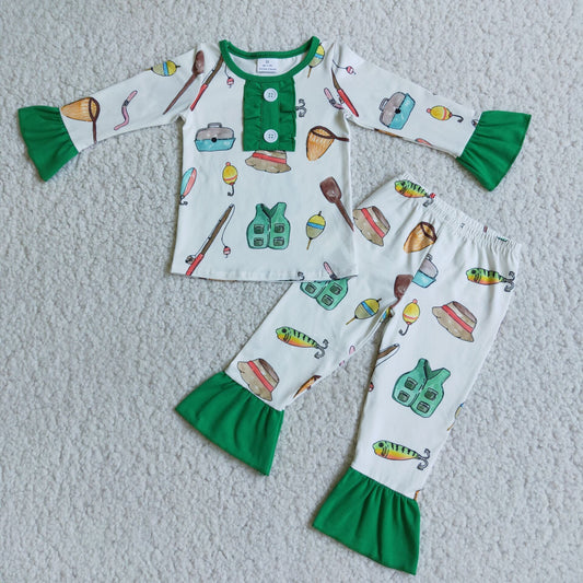 Fishing Casual Print Ruffles Long Sleeve Girls Pajamas