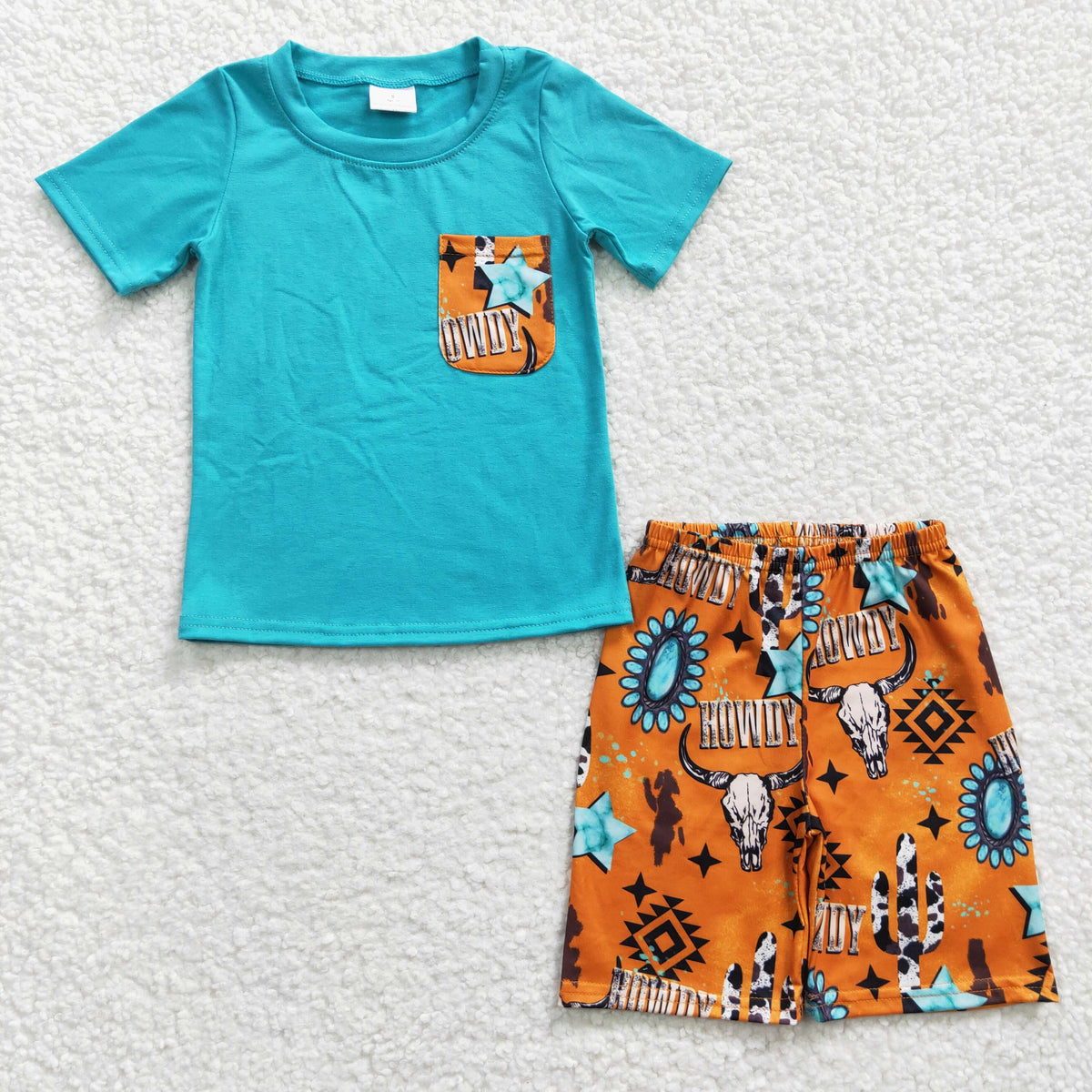 BSSO0140 Howdy Blue Short Sleeve Pocket Western Cow Skull Boys Set