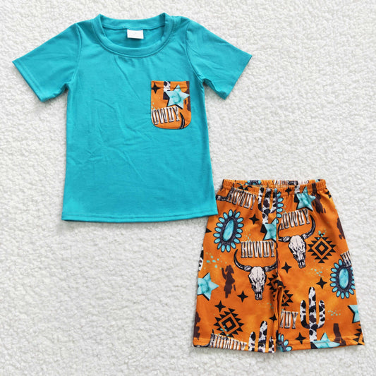 BSSO0140 Howdy Blue Short Sleeve Pocket Western Cow Skull Boys Set
