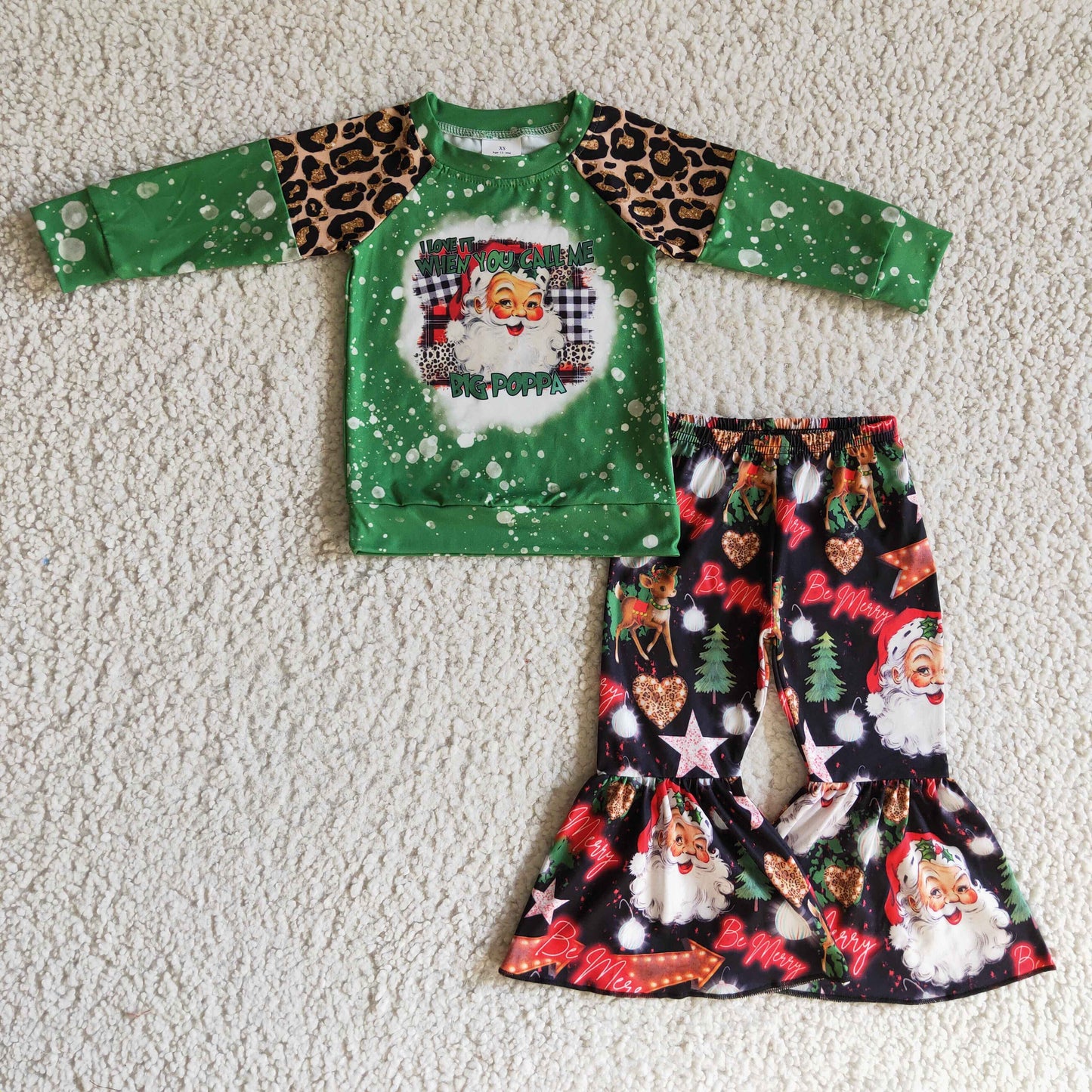 GLP0321 Green Christmas Santa Leopard Raglan Sleeve Set