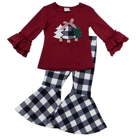 Christmas Tree Baby Girls Ruffles Sleeve Plaid Bell-bottom Pants Casual Outfits