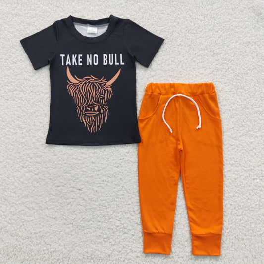 BSPO0099 Take No Bull Heifer Black Short Sleeve Orange Pants Boys Set