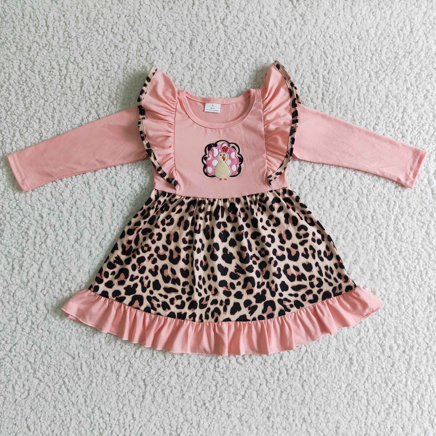 GLD0088 Embroidery Pink Thanksgiving Leopard Print Turkey Dress