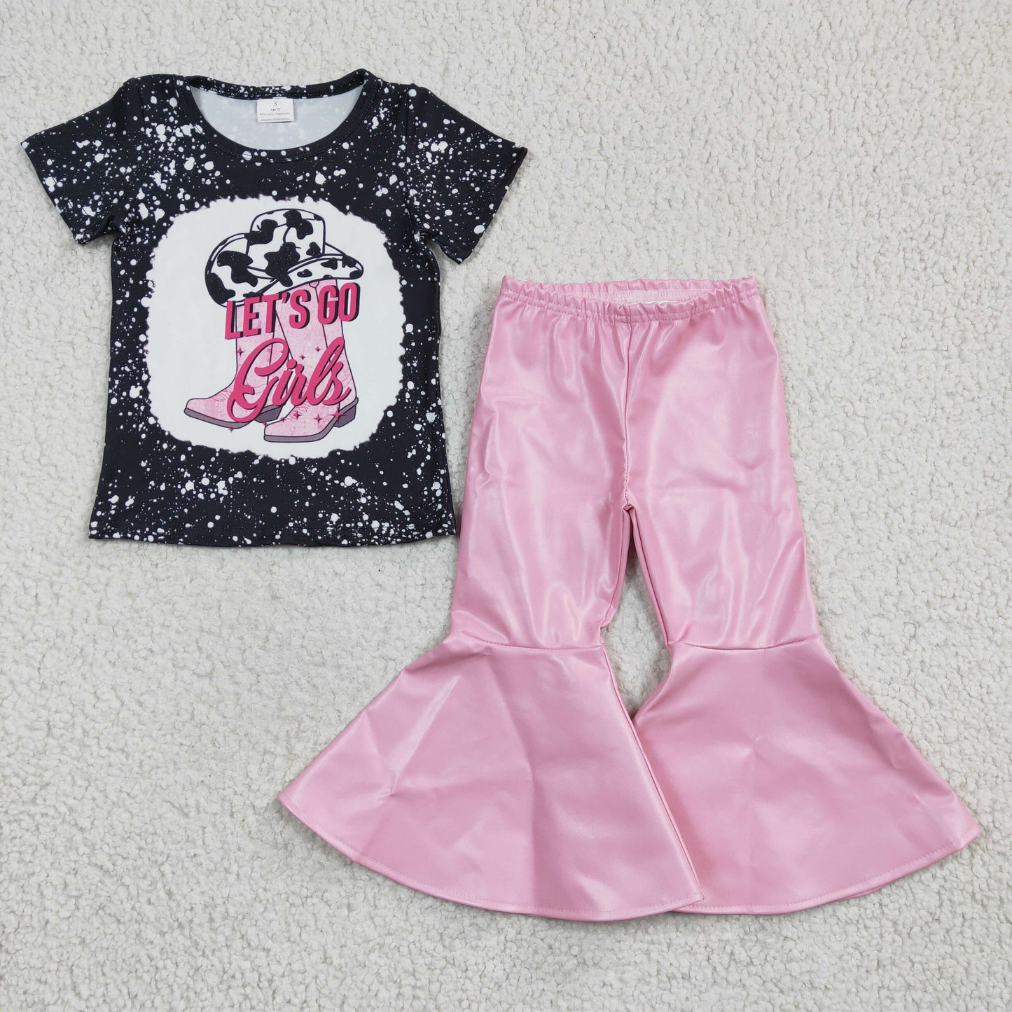 GSPO0499 Let's Go Girl Bleach Design Pink Leather Pants Kids Outfits