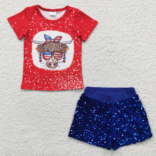 GSSO0282 4th Of July Heifer Short Sleeve Blue Sequin Shorts Girls Set