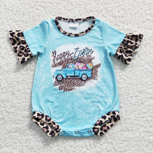 SR0116 Happy Easter Blue Leopard Print Baby Kids Romper