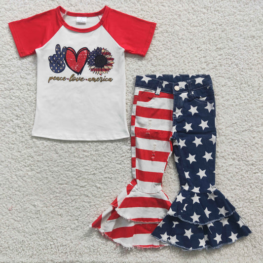 GSPO0567 4th Of July Short Sleeve Stars & Striped Print Denim Jeans Girls Set