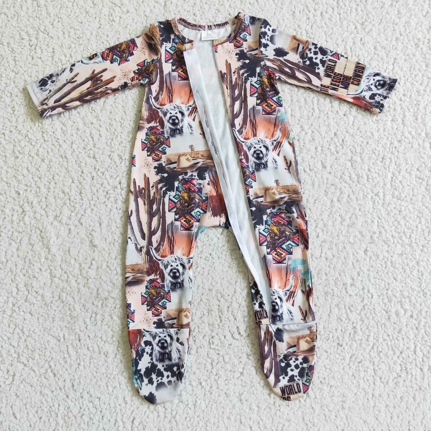 LR0069 Highland Cow Cactus zipper long sleeve boys Romper