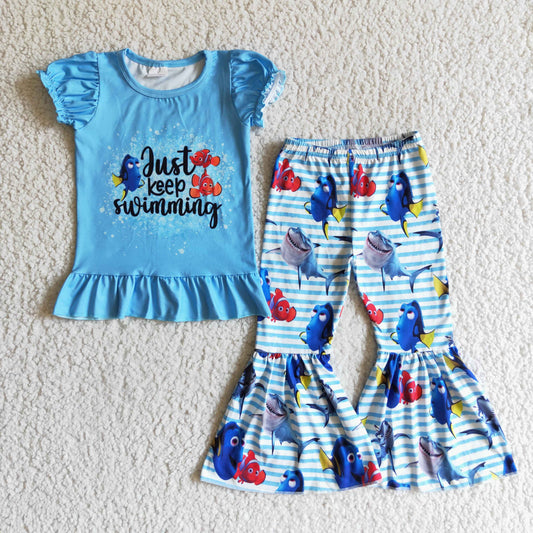 GSPO0147 Blue Cartoon Fish Baby Outfits