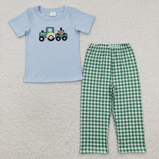 BSPO0089 Blue Short Sleeve Truck Cow Embroidery Green Pants Boys Set