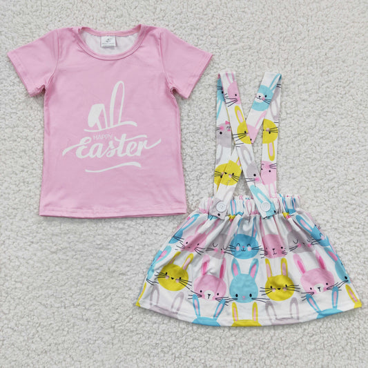 GSD0236 Happy Easter Pink Bunny 2 pcs Short Sleeve Skirt Dress