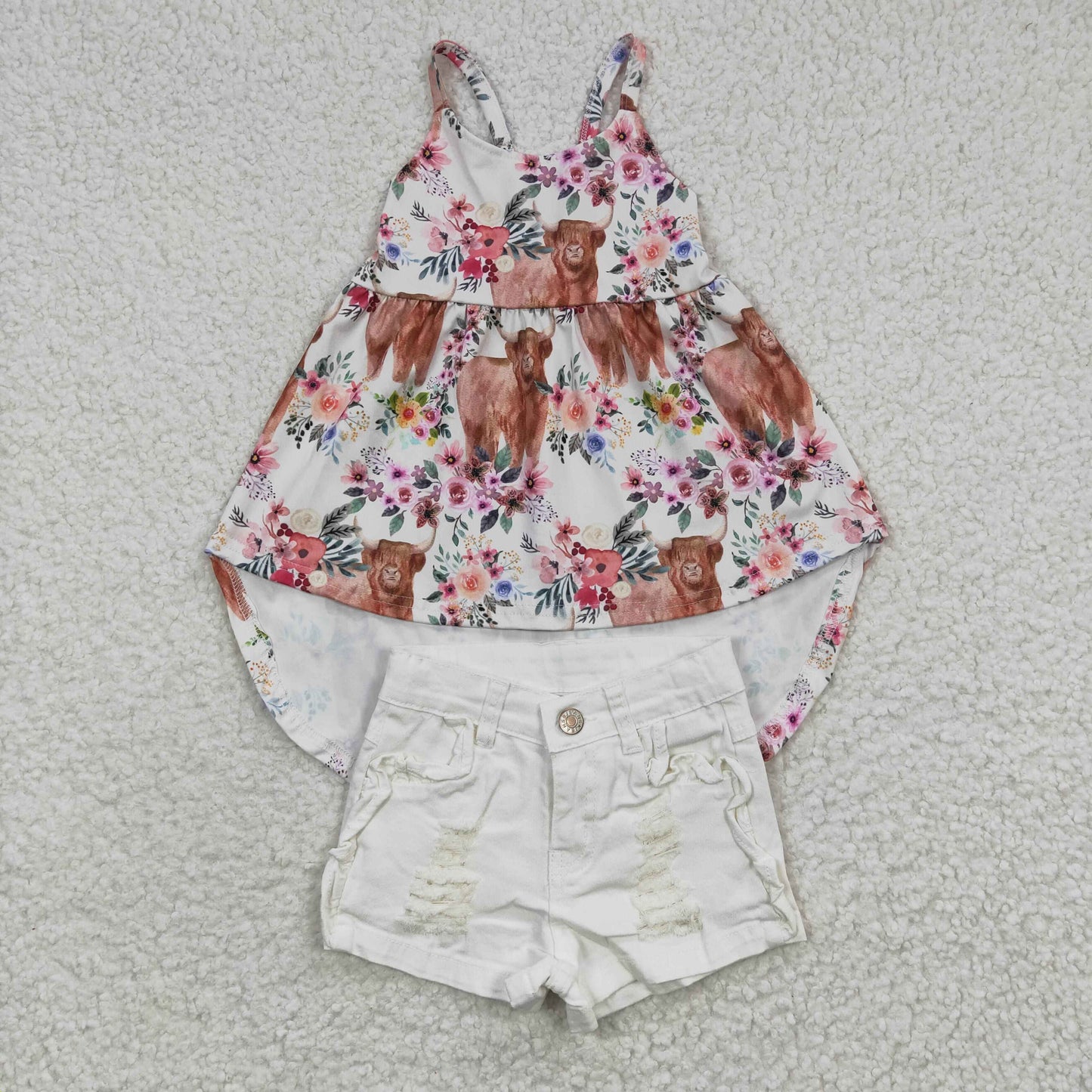 GSSO0262 Heifer Flower Highland Cow Baby Girls White Denim Shorts Jeans