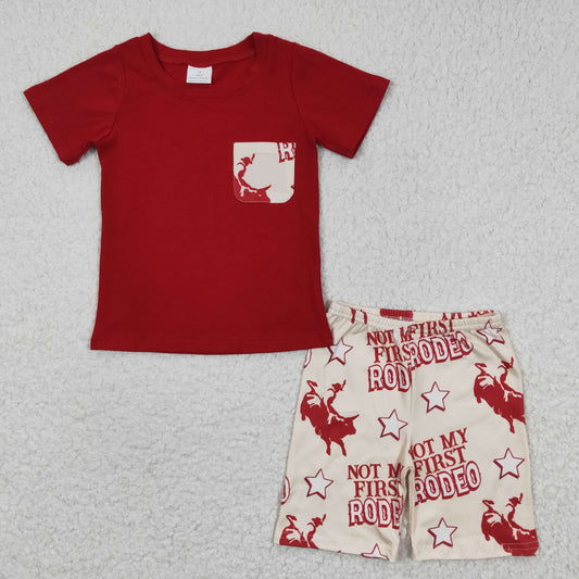BSSO0146 Red Rodeo Short Sleeve Pocket Western Shorts Boys Summer Set