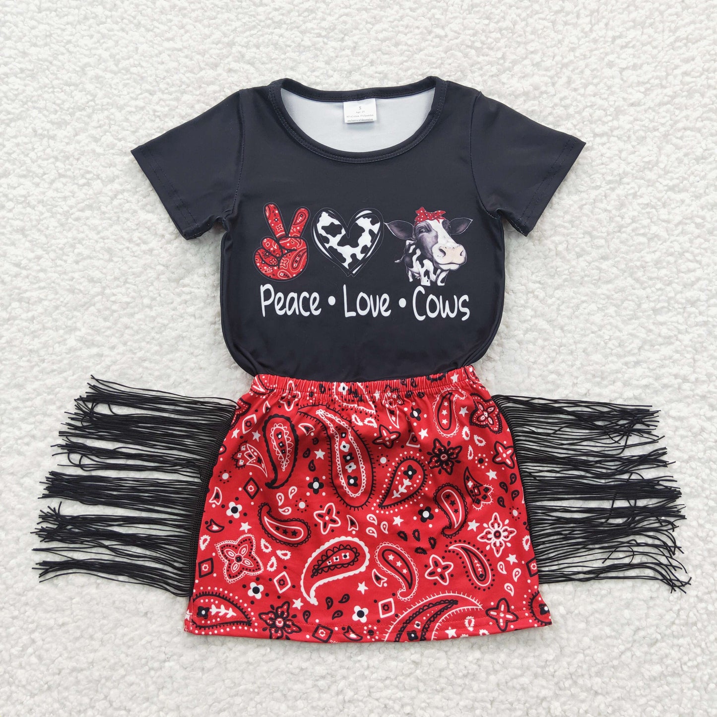 GSD0302 Black Short Sleeve Cows Red Tassels Skirt Baby Girls Set