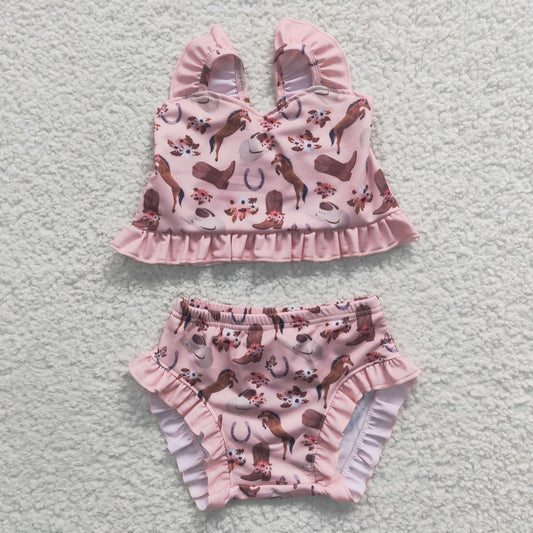 S0107 Western Pink Boots Kids Bathing Suits Swimsuits