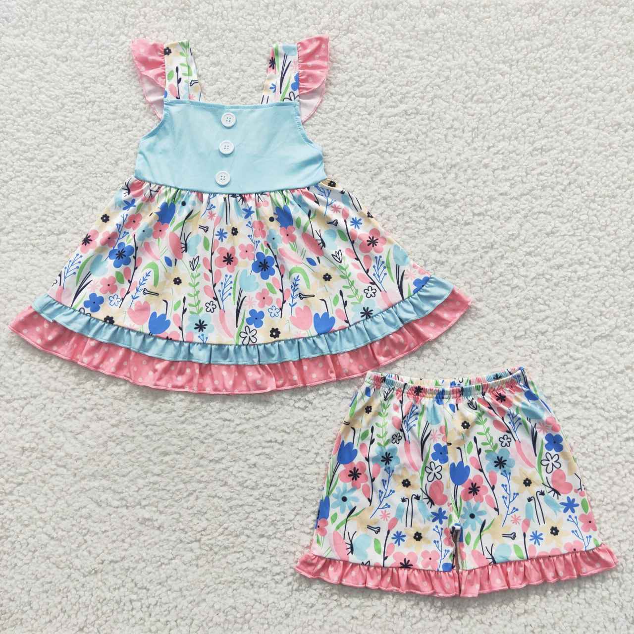 GSSO0243 Blue & Pink Flowers Flutter Sleeve Shorts Girls Summer Set