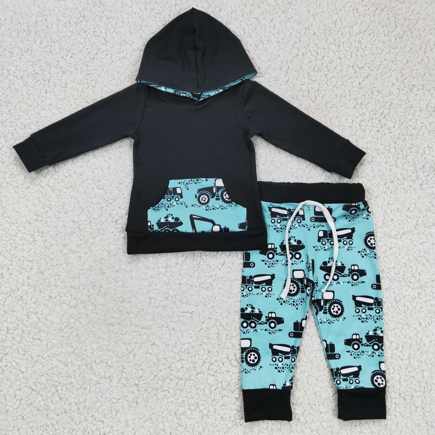 6 C6-10 Black Hat Tractors Blue Boys Hoodie Set