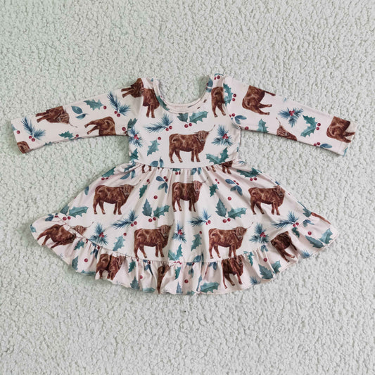 GLD0005 Christmas Long Sleeve Highland Cow Print Dress